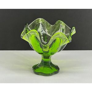 L E Smith Art Glass Compote Bowl Ruffled Emerald Green Simplicity Pattern
